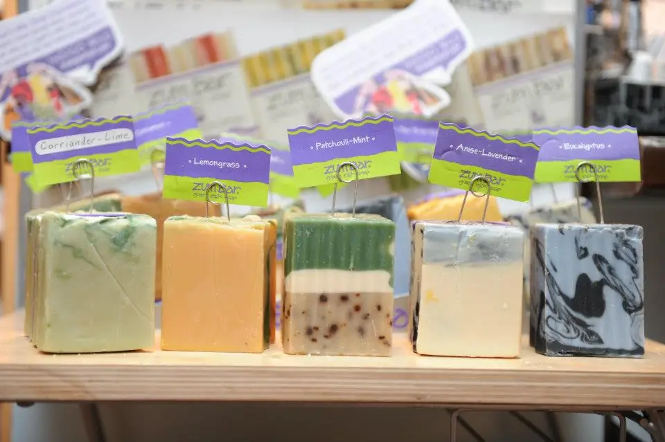 Handmade soap bars wrapped in paper labels